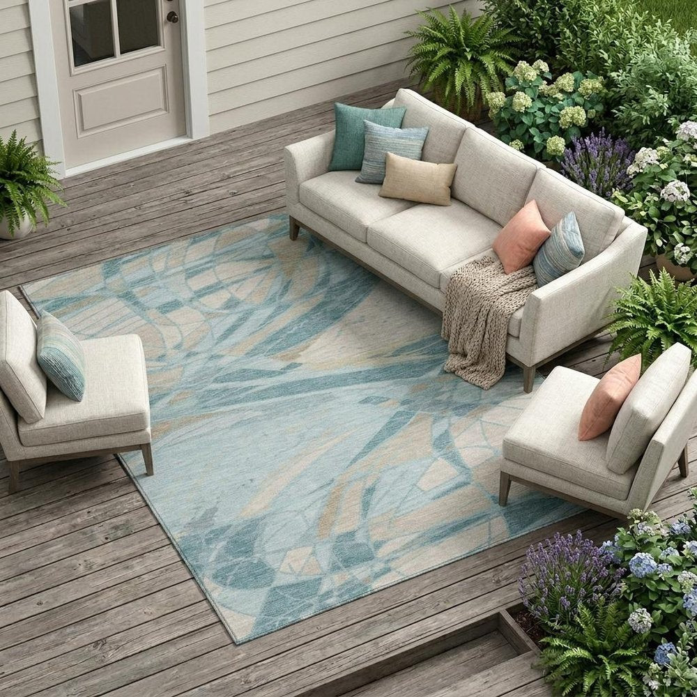 10' X 14' Teal Blue And Silver Abstract Washable Indoor Outdoor Area Rug HomeRoots
