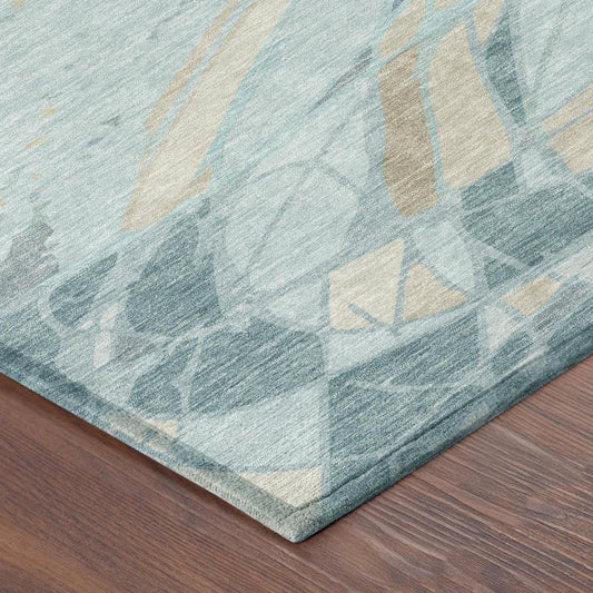 10' X 14' Teal Blue And Silver Abstract Washable Indoor Outdoor Area Rug