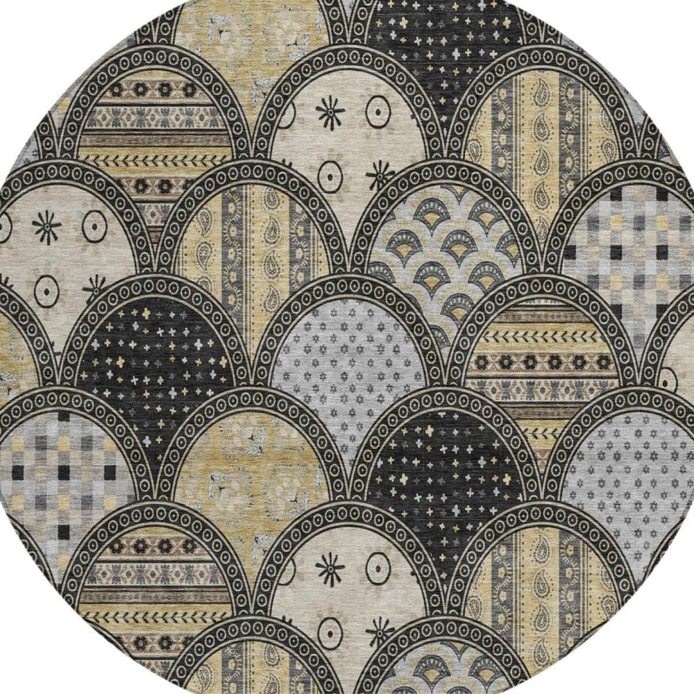 8' Black And Graphite Round Geometric Washable Indoor Outdoor Area Rug