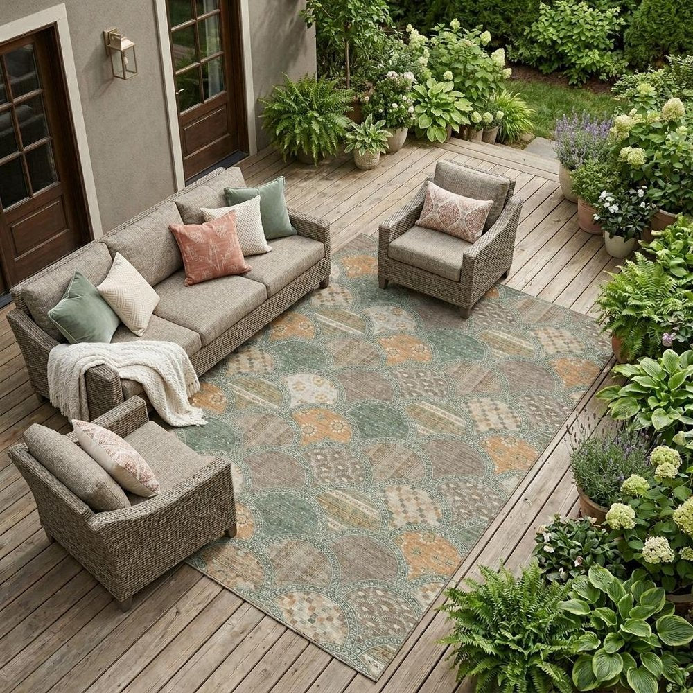8' X 10' Green And Copper Geometric Washable Indoor Outdoor Area Rug HomeRoots