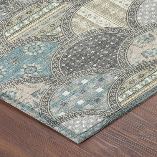 8' Gray And Silver Round Geometric Washable Indoor Outdoor Area Rug