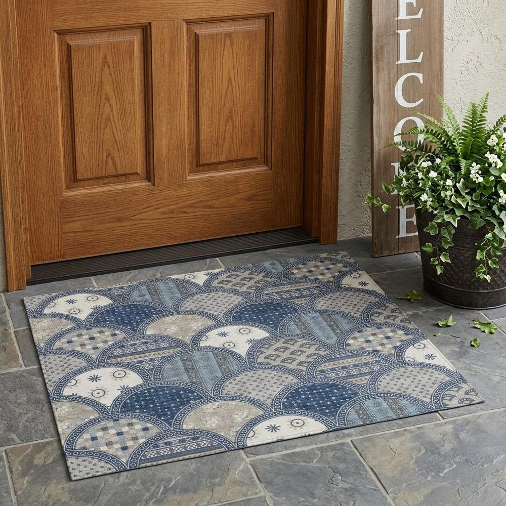 3' X 5' Navy Blue And Blue Geometric Washable Indoor Outdoor Area Rug HomeRoots