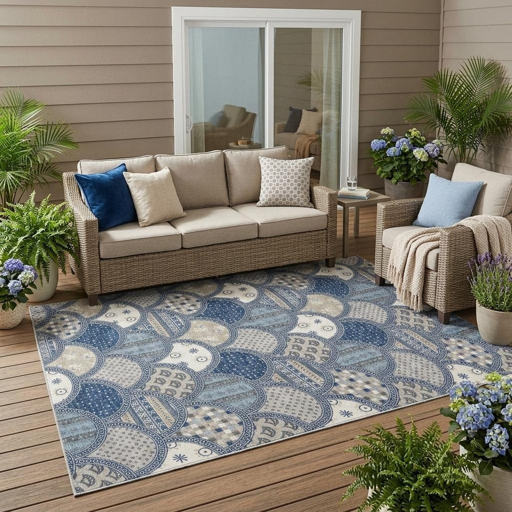 5' X 8' Navy Blue And Blue Geometric Washable Indoor Outdoor Area Rug HomeRoots