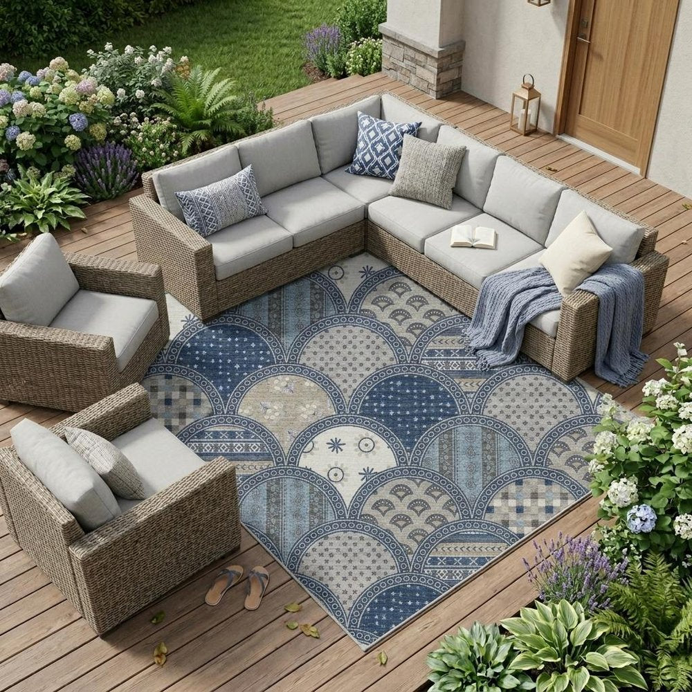 8' X 10' Navy Blue And Blue Geometric Washable Indoor Outdoor Area Rug