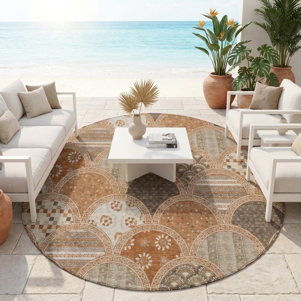 8' Orange And Chocolate Round Geometric Washable Indoor Outdoor Area Rug