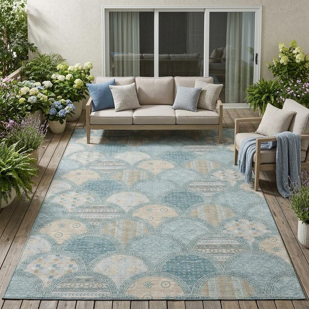5' X 8' Teal Blue And Silver Geometric Washable Indoor Outdoor Area Rug HomeRoots