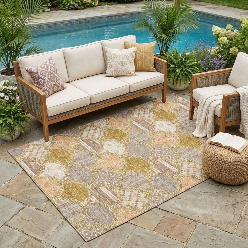 5' X 8' Walnut And Gold Geometric Washable Indoor Outdoor Area Rug HomeRoots