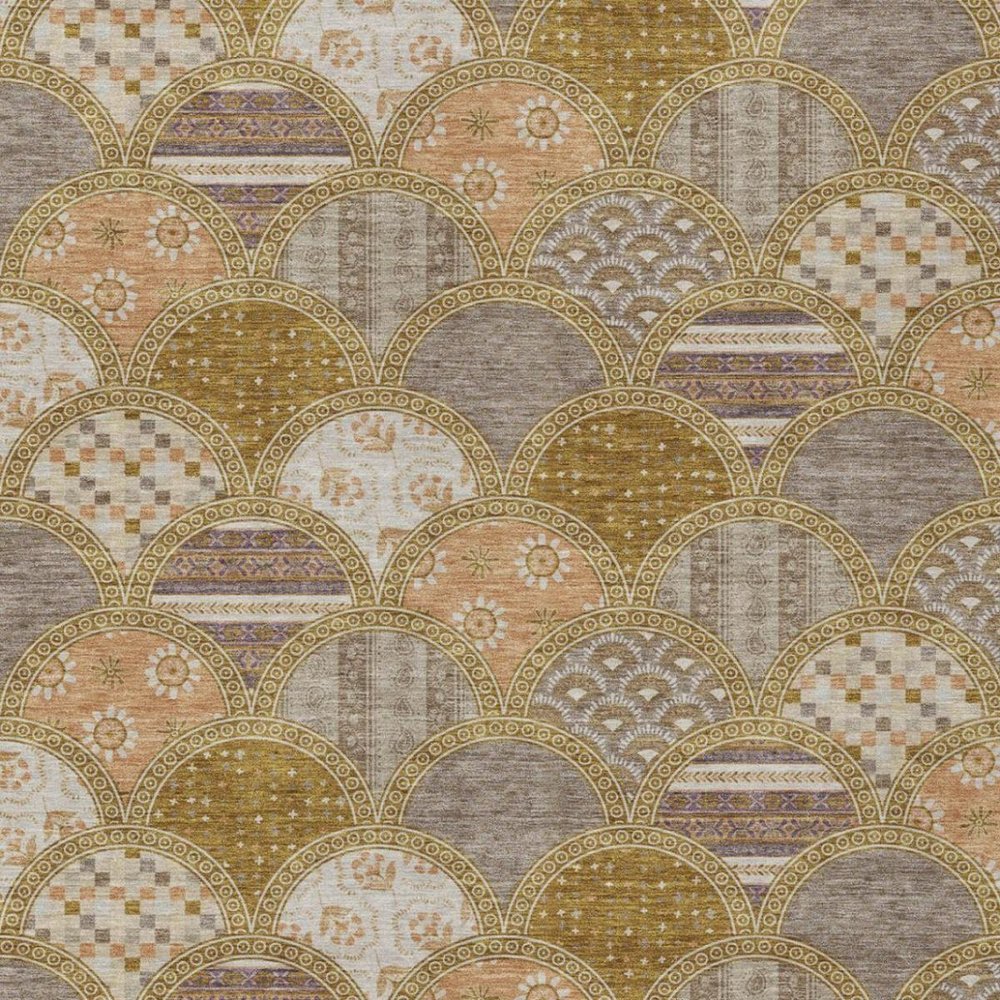 5' X 8' Walnut And Gold Geometric Washable Indoor Outdoor Area Rug