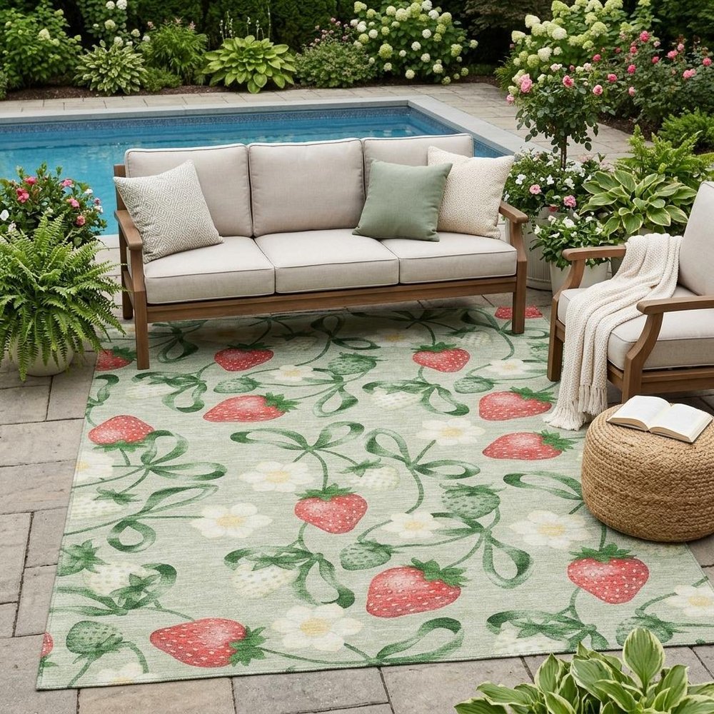 5' X 8' Green And Red Floral Washable Indoor Outdoor Area Rug HomeRoots