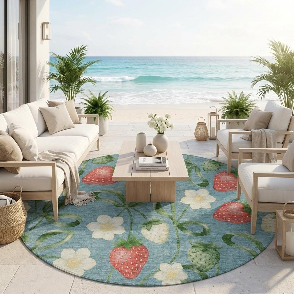 8' Teal Blue And Green Round Floral Washable Indoor Outdoor Area Rug HomeRoots