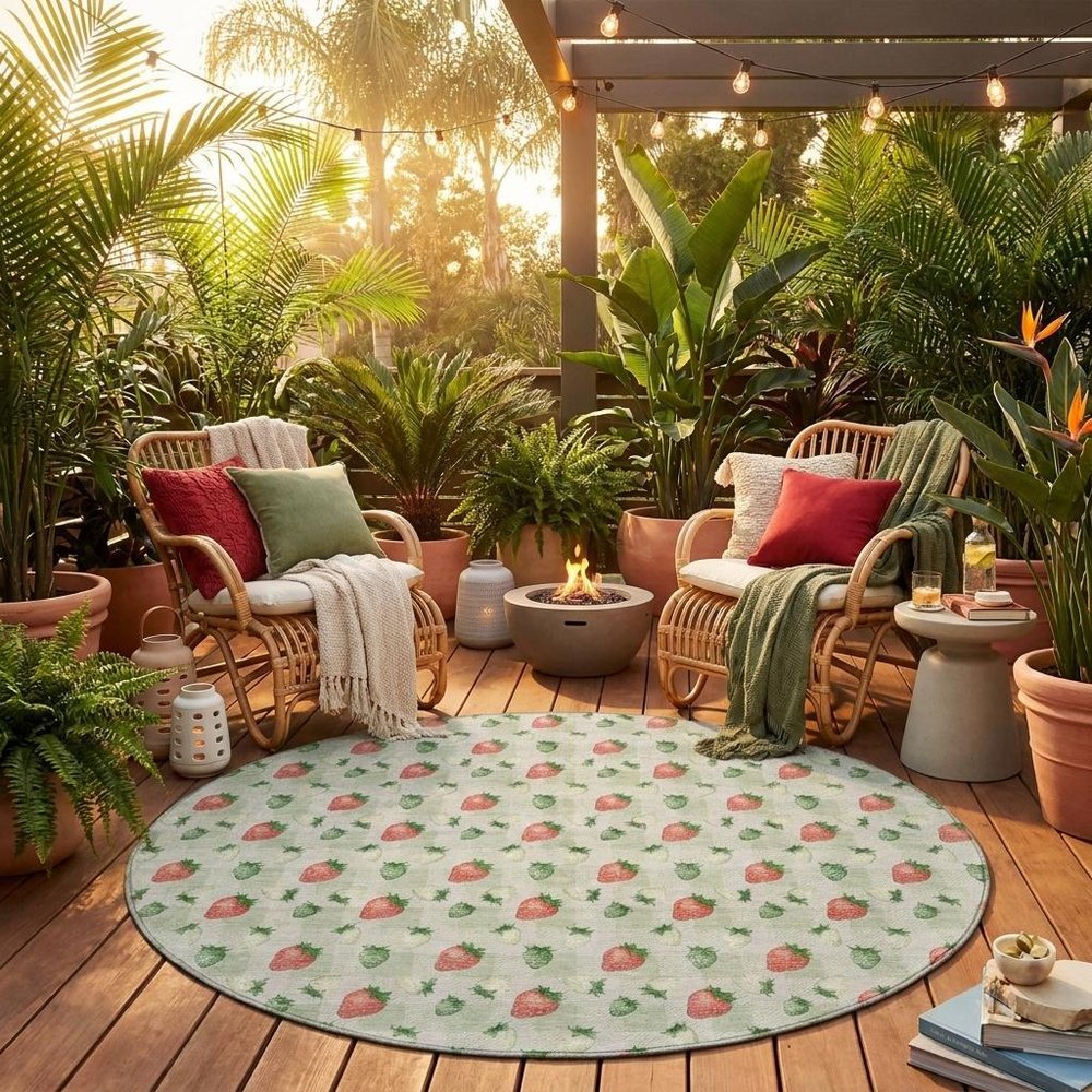 8' Green And Red Round Floral Washable Indoor Outdoor Area Rug HomeRoots