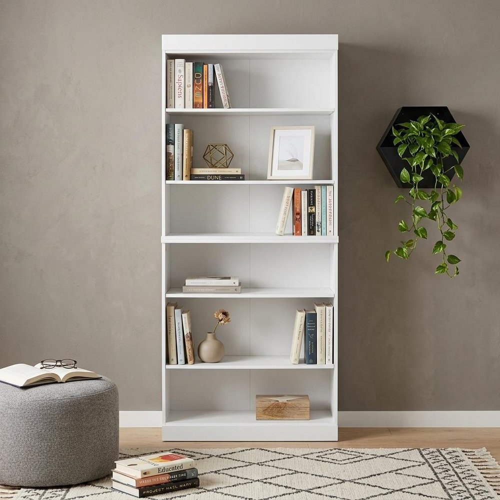 72" White Solid Wood Adjustable Six Tier Library Bookcase HomeRoots