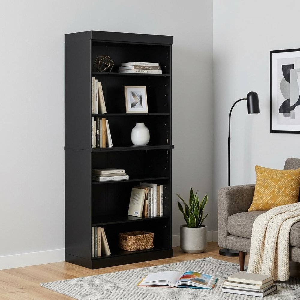 72" Black Solid Wood Adjustable Six Tier Library Bookcase HomeRoots