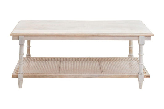 42" White Solid Wood and Rattan Distressed Coffee Table