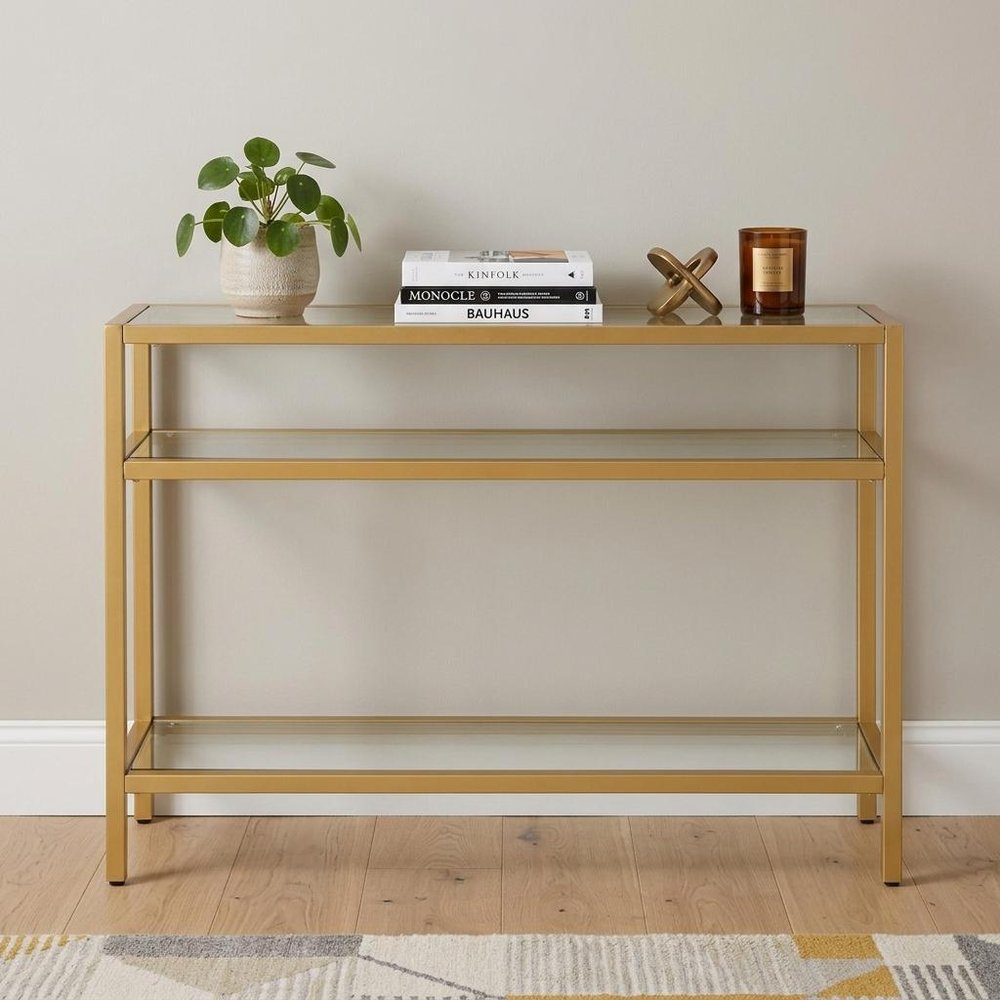 42" Clear and Gold Glass and Iron Console Table With Two Shelves HomeRoots