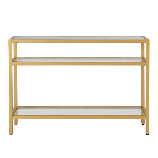 42" Clear and Gold Glass and Iron Console Table With Two Shelves