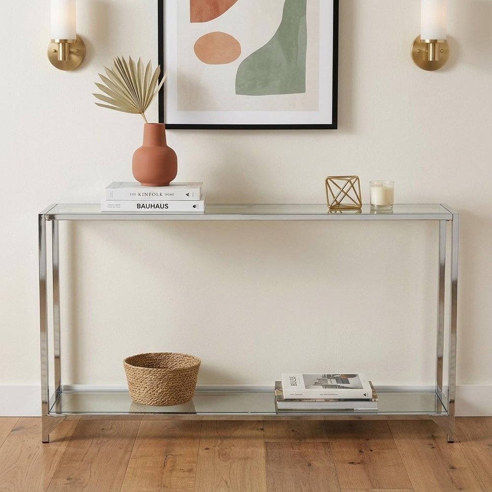 56" Clear and Silver Glass and Iron Frame Console Table With Shelf HomeRoots