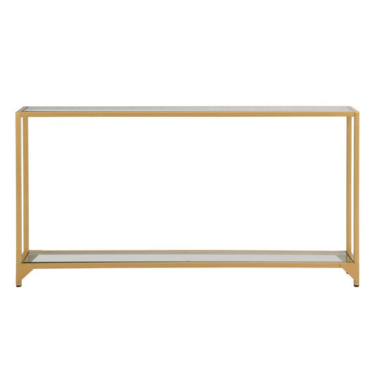56" Clear and Gold Glass and Iron Console Table With Shelf