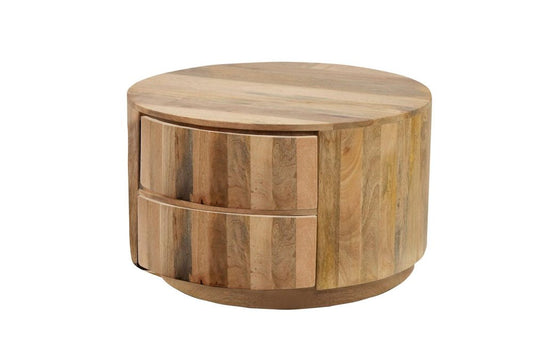30" Natural Solid Wood Round Solid Drum Coffee Table With Two Drawers