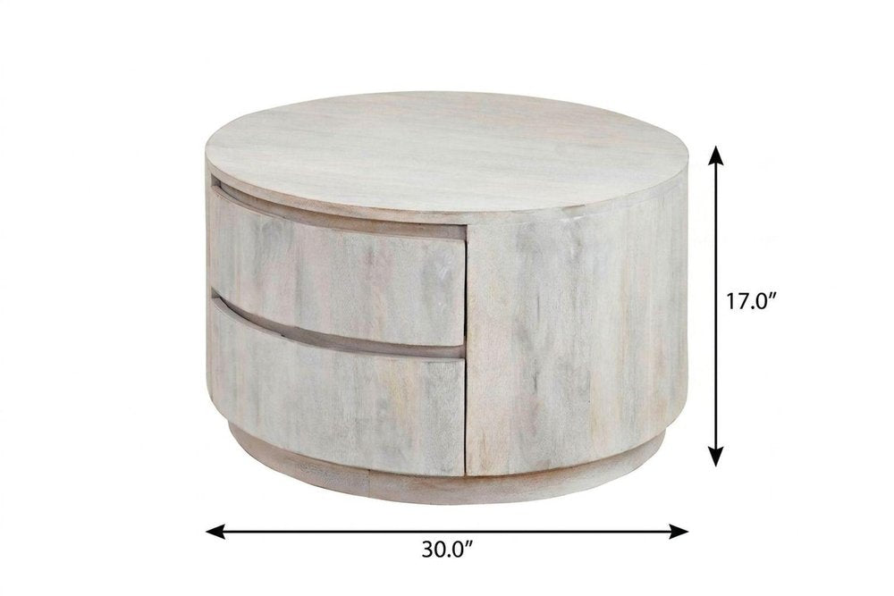 30" White Solid Wood Round Distressed Solid Drum Coffee Table With Two Drawers HomeRoots