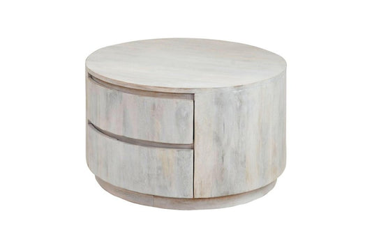 30" White Solid Wood Round Distressed Solid Drum Coffee Table With Two Drawers