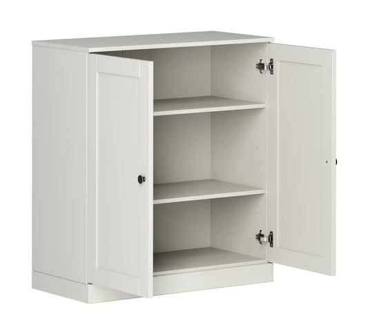 36" Off White Solid Wood Adjustable Three Tier Library Bookcase with Two Doors