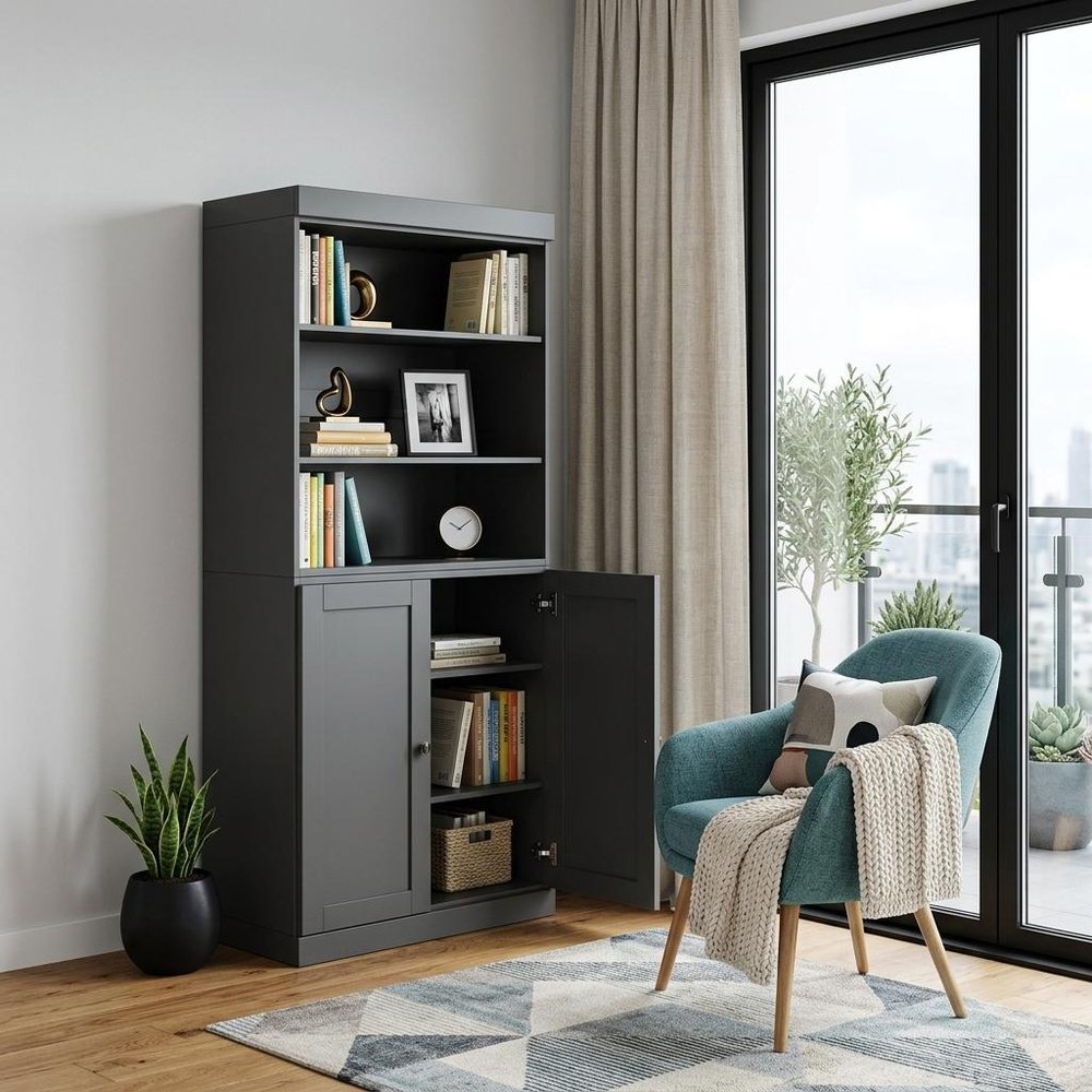 72" Gray Solid Wood Adjustable Six Tier Library Bookcase with Two Doors HomeRoots