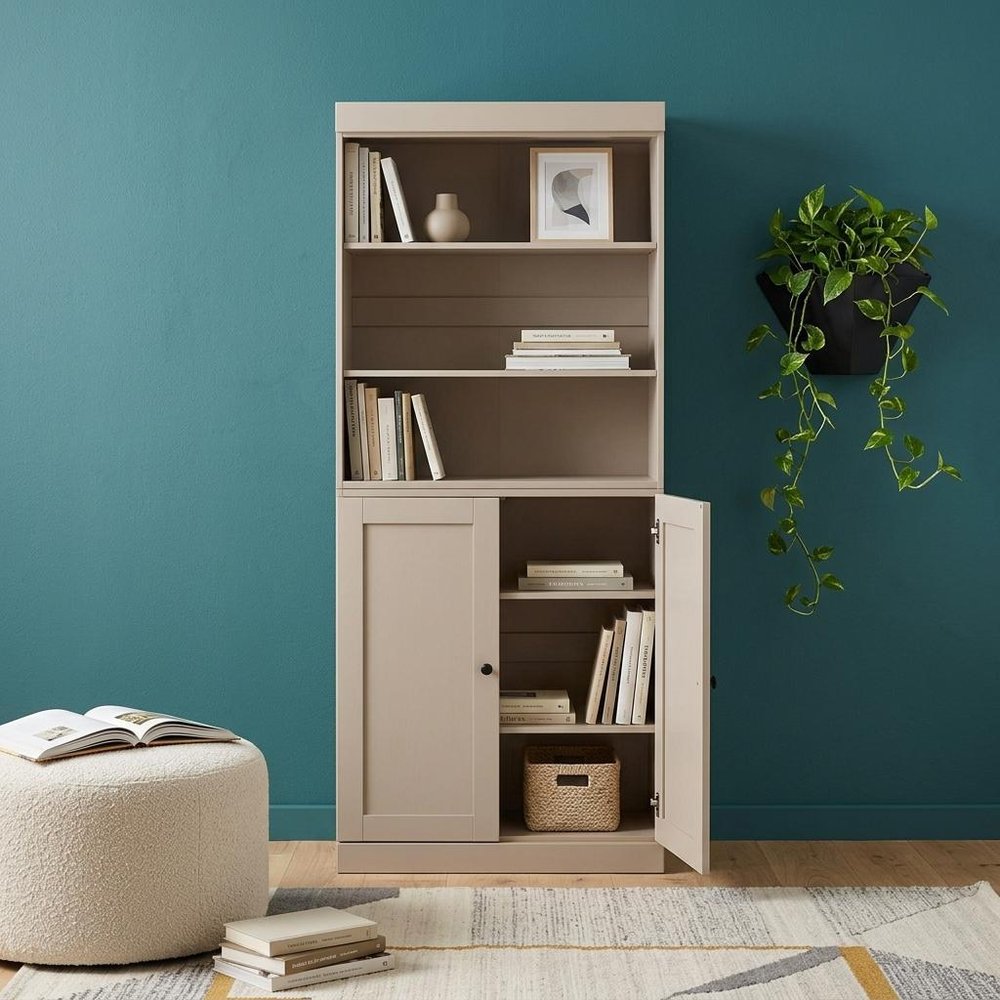 72" Beige Solid Wood Adjustable Six Tier Library Bookcase with Two Doors HomeRoots