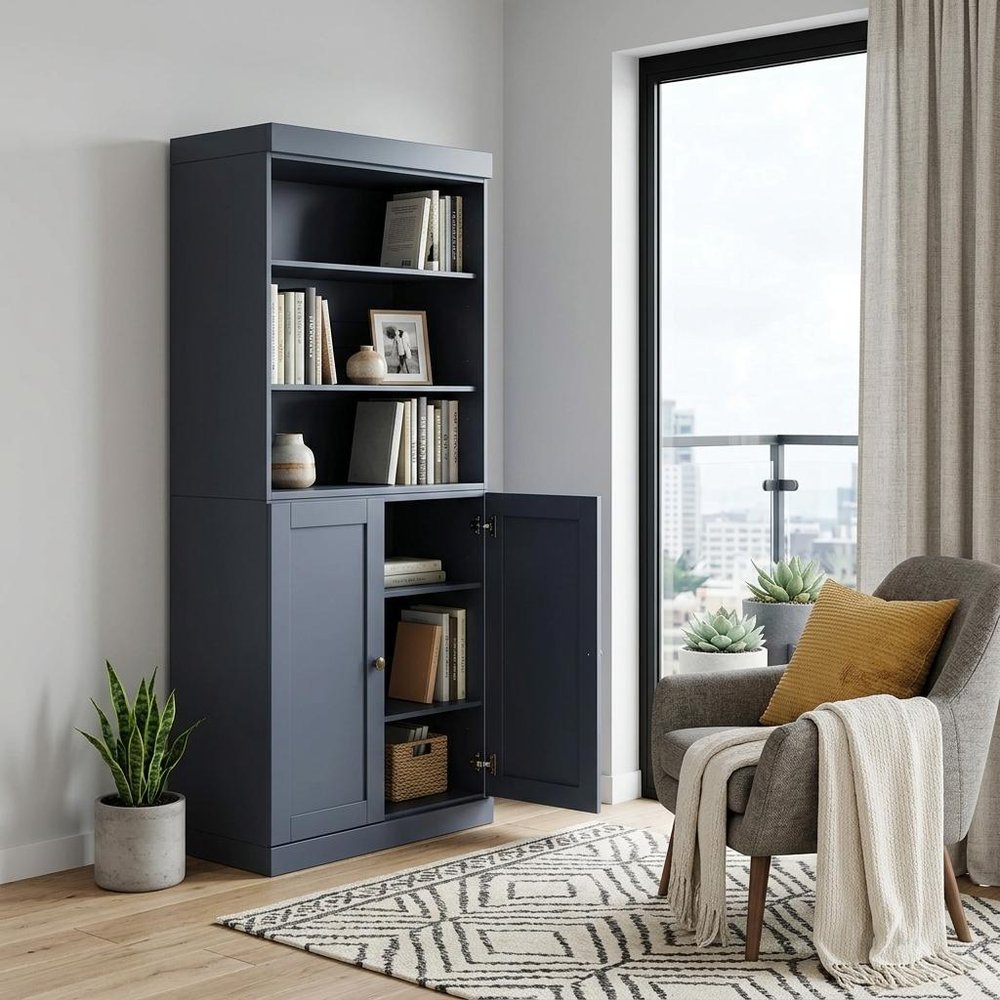 72" French Blue Solid Wood Adjustable Six Tier Library Bookcase with Two Doors HomeRoots