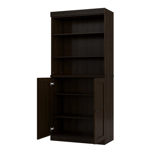 72" Espresso Solid Wood Adjustable Six Tier Library Bookcase with Two Doors