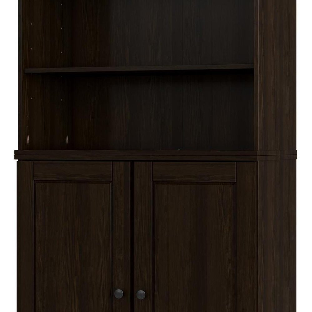 72" Espresso Solid Wood Adjustable Six Tier Library Bookcase with Two Doors