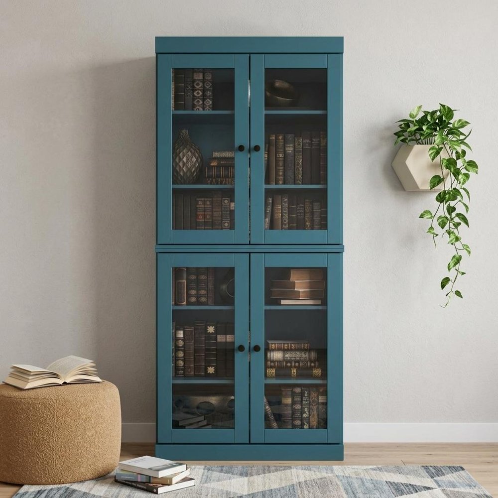 72" Teal Blue Solid Wood Adjustable Six Tier Library Bookcase with Four Doors HomeRoots