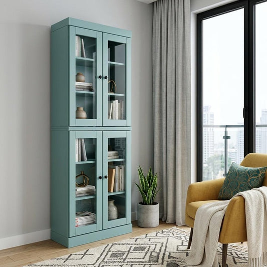 72" Aqua Solid Wood Adjustable Six Tier Library Bookcase with Four Doors