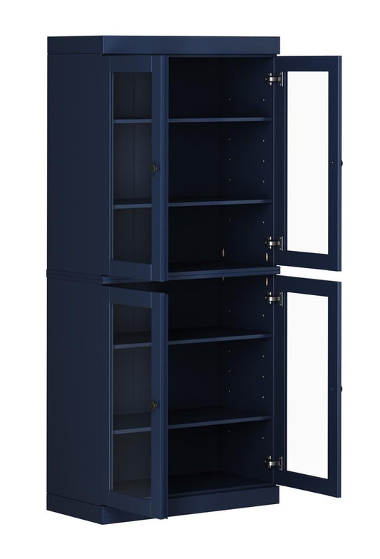 72" Navy Blue Solid Wood Adjustable Six Tier Library Bookcase with Four Doors