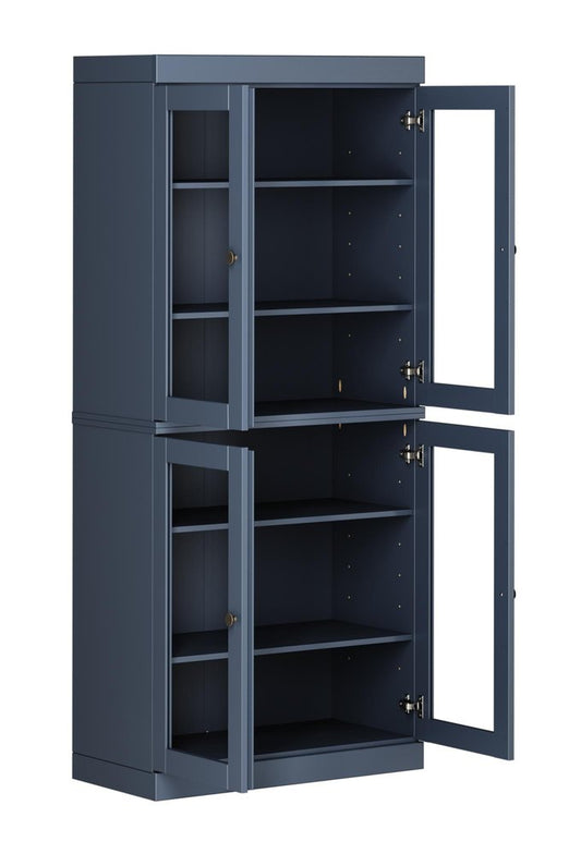 72" French Blue Solid Wood Adjustable Six Tier Library Bookcase with Four Doors