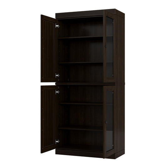 72" Espresso Solid Wood Adjustable Six Tier Library Bookcase with Four Doors