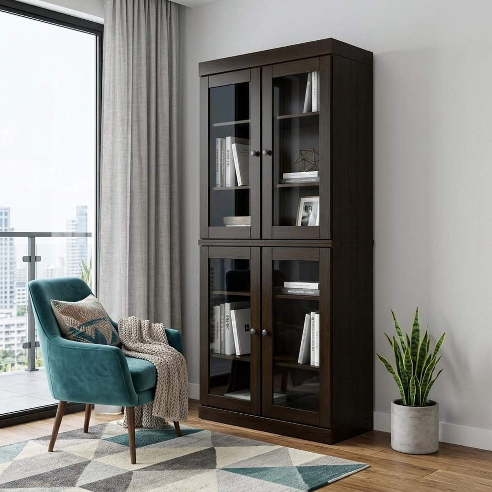 72" Espresso Solid Wood Adjustable Six Tier Library Bookcase with Four Doors HomeRoots