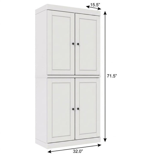 72" White Solid Wood Adjustable Six Tier Library Bookcase with Four Doors
