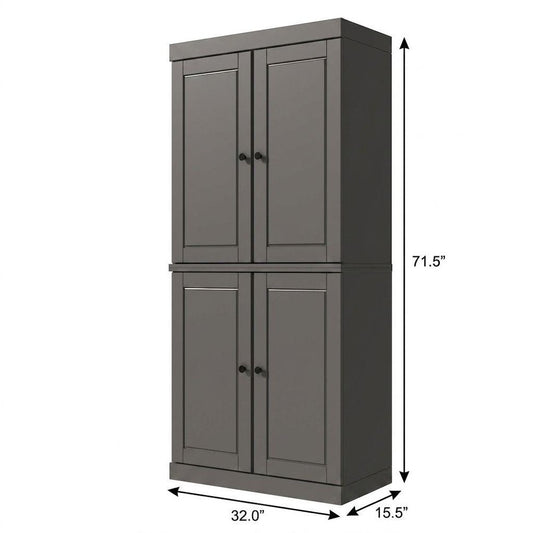 72" Gray Solid Wood Adjustable Six Tier Library Bookcase with Four Doors