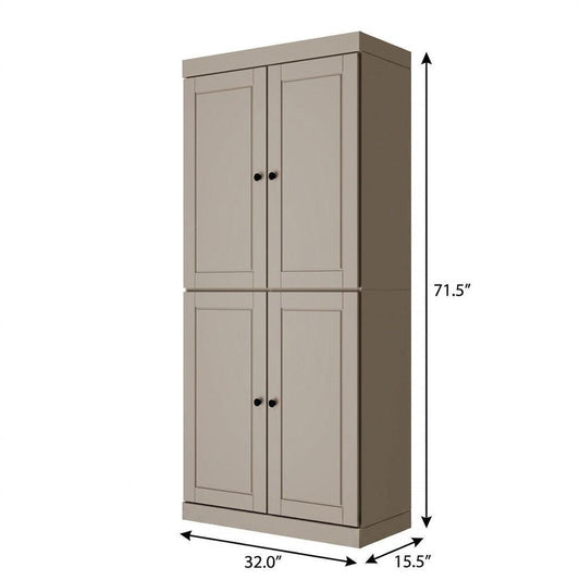72" Beige Solid Wood Adjustable Six Tier Library Bookcase with Four Doors