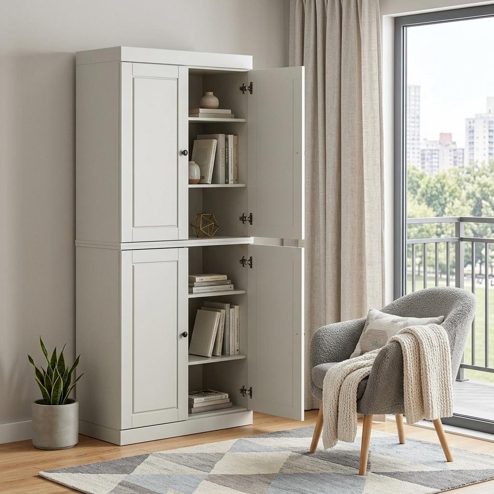 72" Off White Solid Wood Adjustable Six Tier Library Bookcase with Four Doors HomeRoots