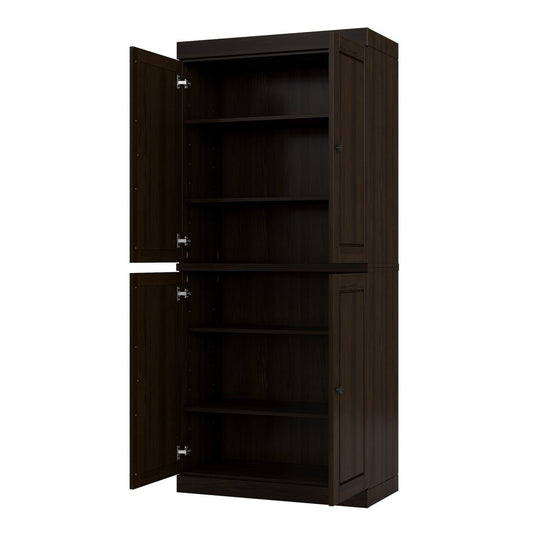 72" Espresso Solid Wood Adjustable Six Tier Library Bookcase with Four Doors