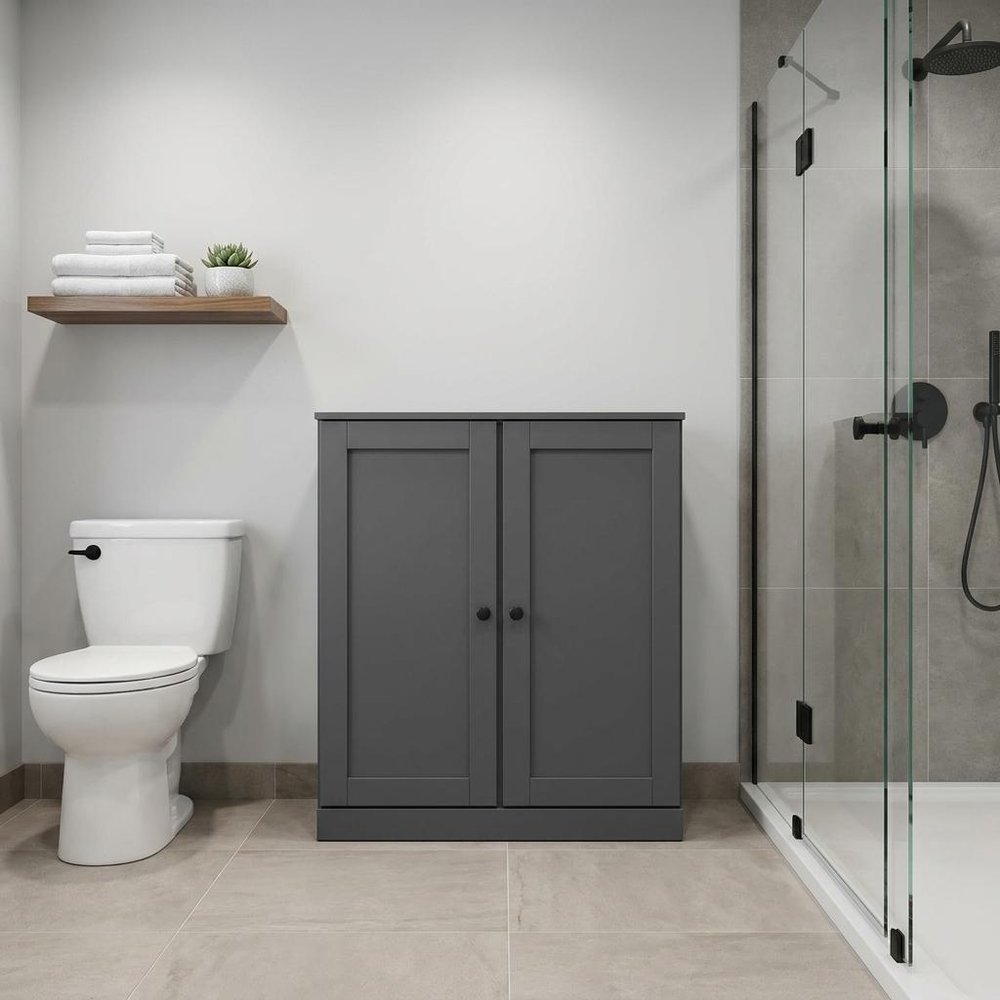 32" Gray Solid Wood Double Door Linen Cabinet HomeRoots