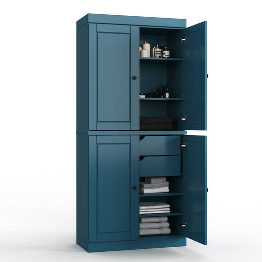 32" Teal Blue Solid Wood Four Door Linen Cabinet