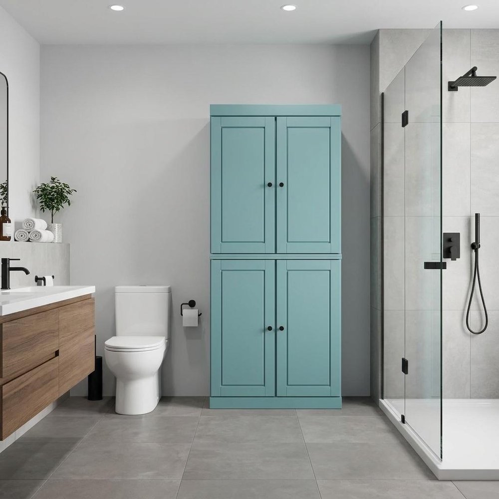 32" Aqua Solid Wood Four Door Linen Cabinet HomeRoots