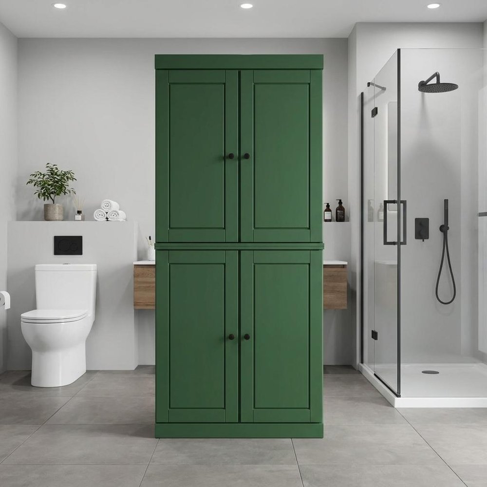 32" Green Solid Wood Four Door Linen Cabinet HomeRoots