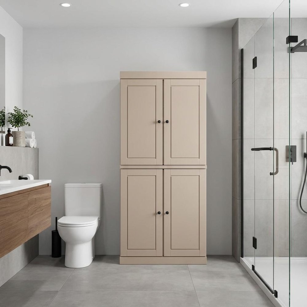 32" Beige Solid Wood Four Door Linen Cabinet HomeRoots