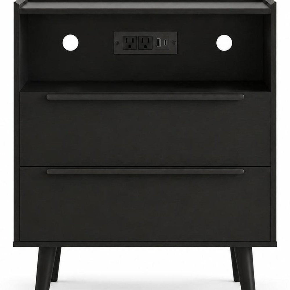 26" Black Wood Two Drawer Nightstand with USB Port and Integrated Tech HomeRoots