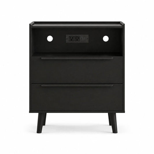 26" Black Wood Two Drawer Nightstand with USB Port and Integrated Tech