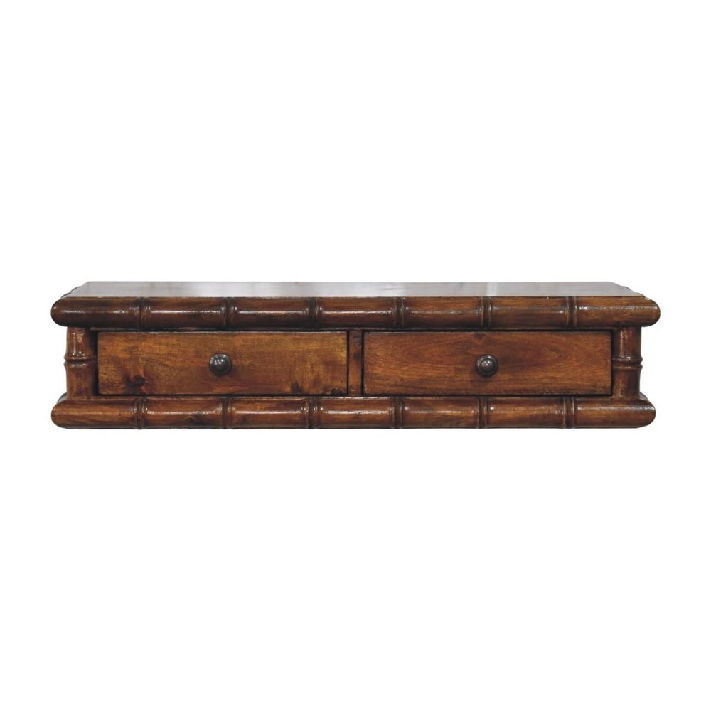 32" Chestnut Solid Wood Floating Wall Mount Console Table With Two Drawers
